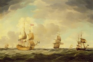 適度なそよ風で帆を張るイギリスの旗艦、1750年頃